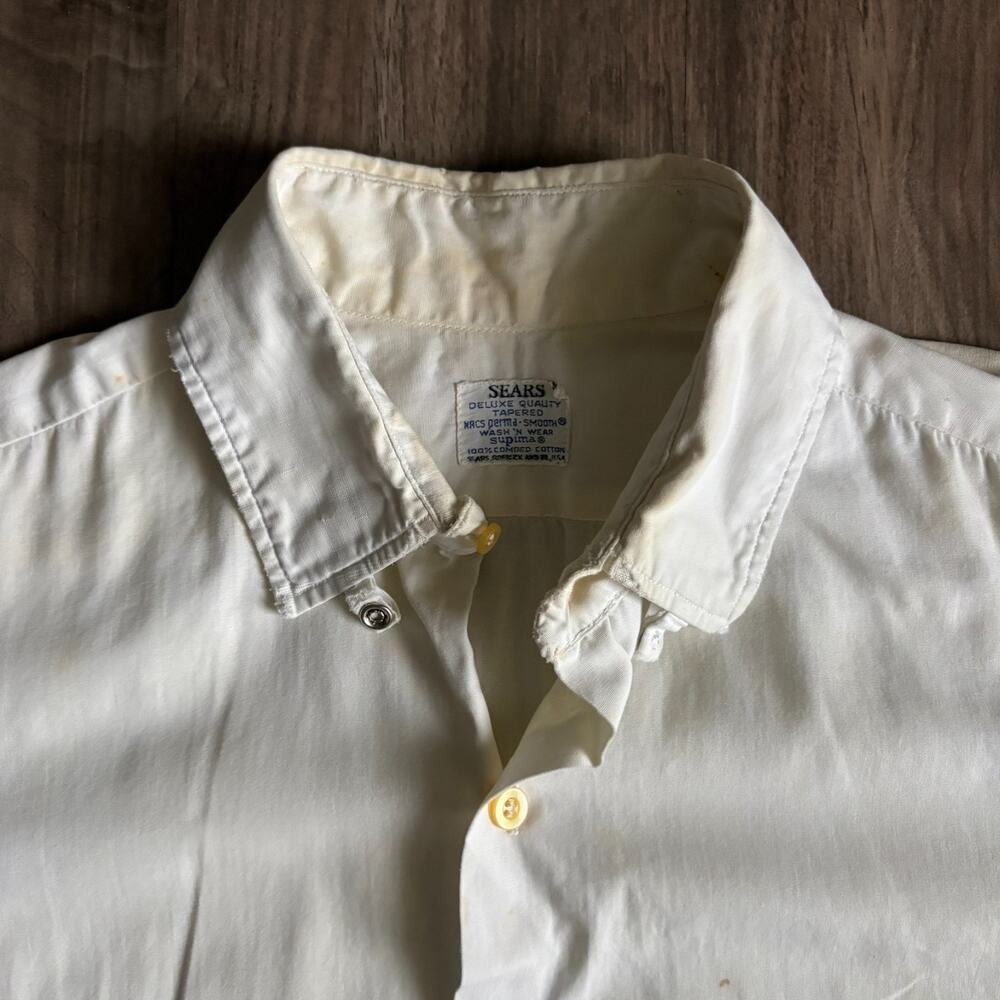 Vintage 1960s Work Shirt Men's Size L Button Down White Snap Collar WORN Sears
